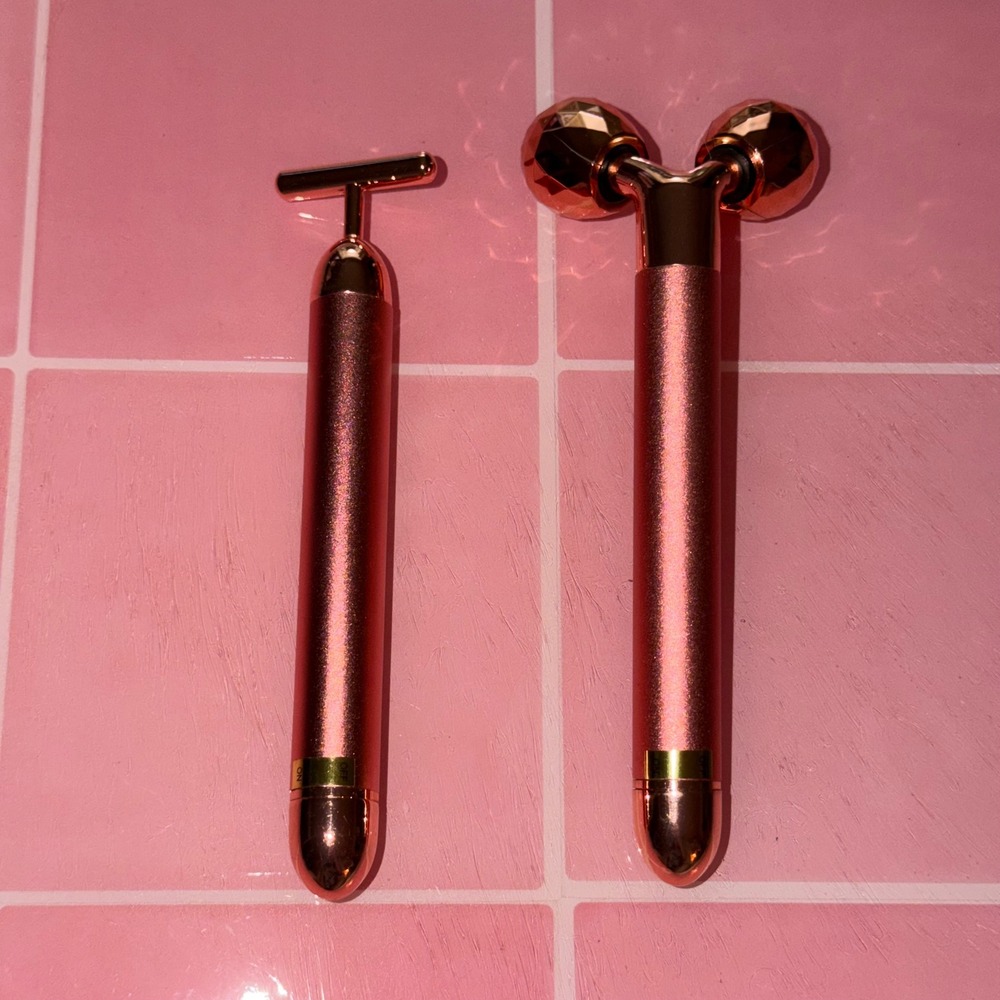 Rose Gold 2pc Vibrating Facial Roller Set T-Bar and 3D V-Shaped Massager